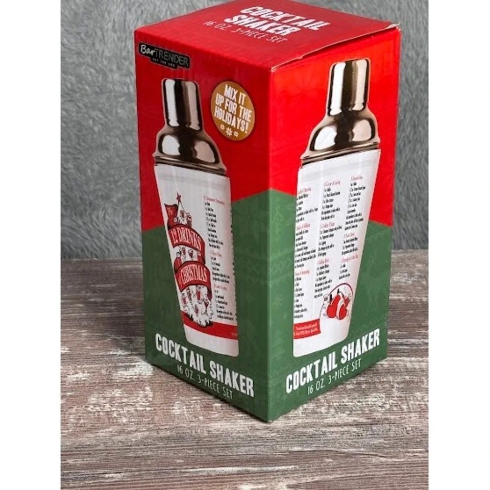 BarTrender Cocktail Shaker 16 Oz 3 Piece Set Holiday Christmas Drinks Recipe Box